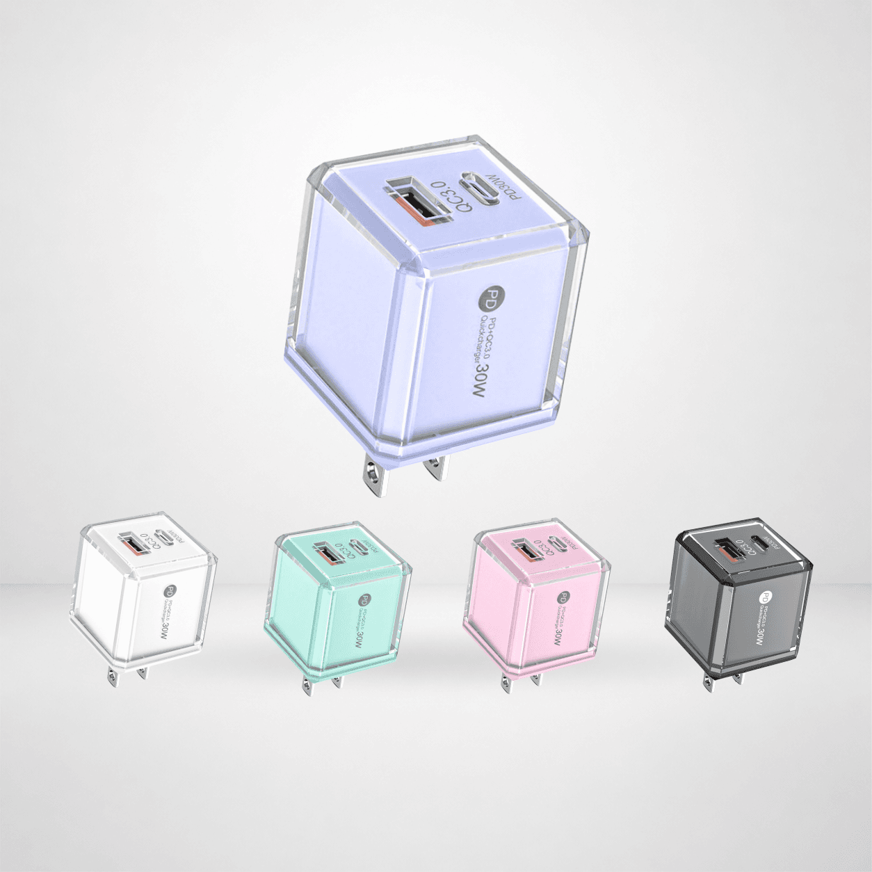Cargador de pared rápido USB-C + USB-A transparente de doble puerto