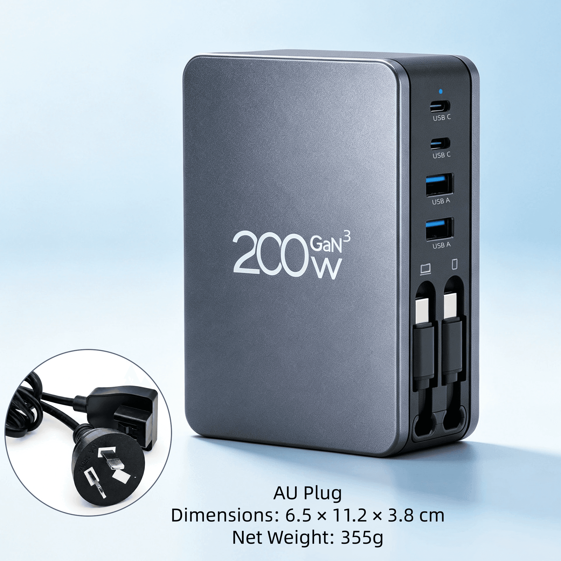 듀얼 접이식 USB-C 케이블이 포함된 200W GaN 데스크탑 충전기